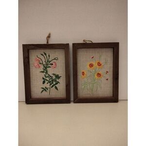 Embroidered framed floral wall art set 2